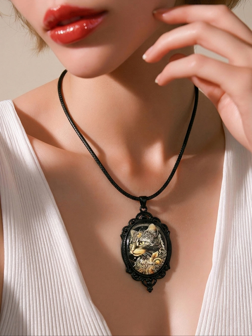 Black Cat Portrait Cabochon Pendant Necklace Goth Mystical Cat Lady Photo Dome
